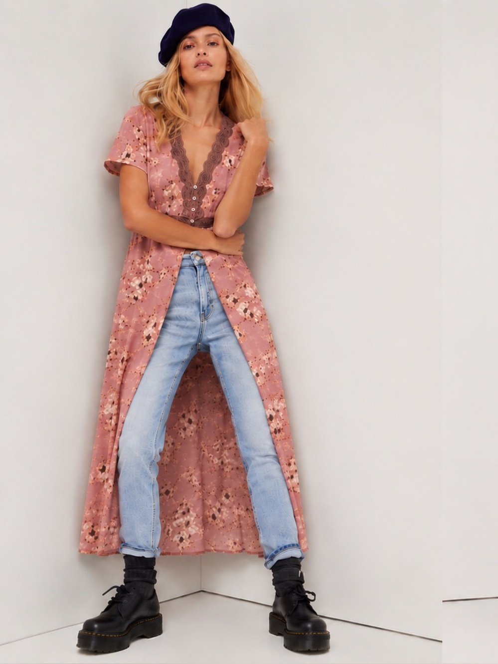 NWT Lucky Brand Floral Midi  Duster Dress Pink Boho Cottagecore Size L MSRP $129
